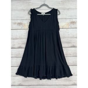 Umgee USA Linen Blend Sleeveless A-Line Dress Womens Large Black Rough Hem